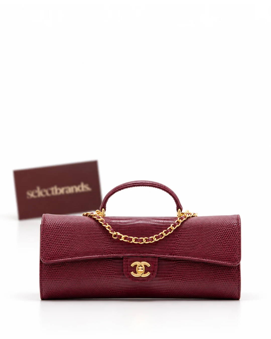 Calfskin Lizard Embossed Clutch With Chain Bordeaux