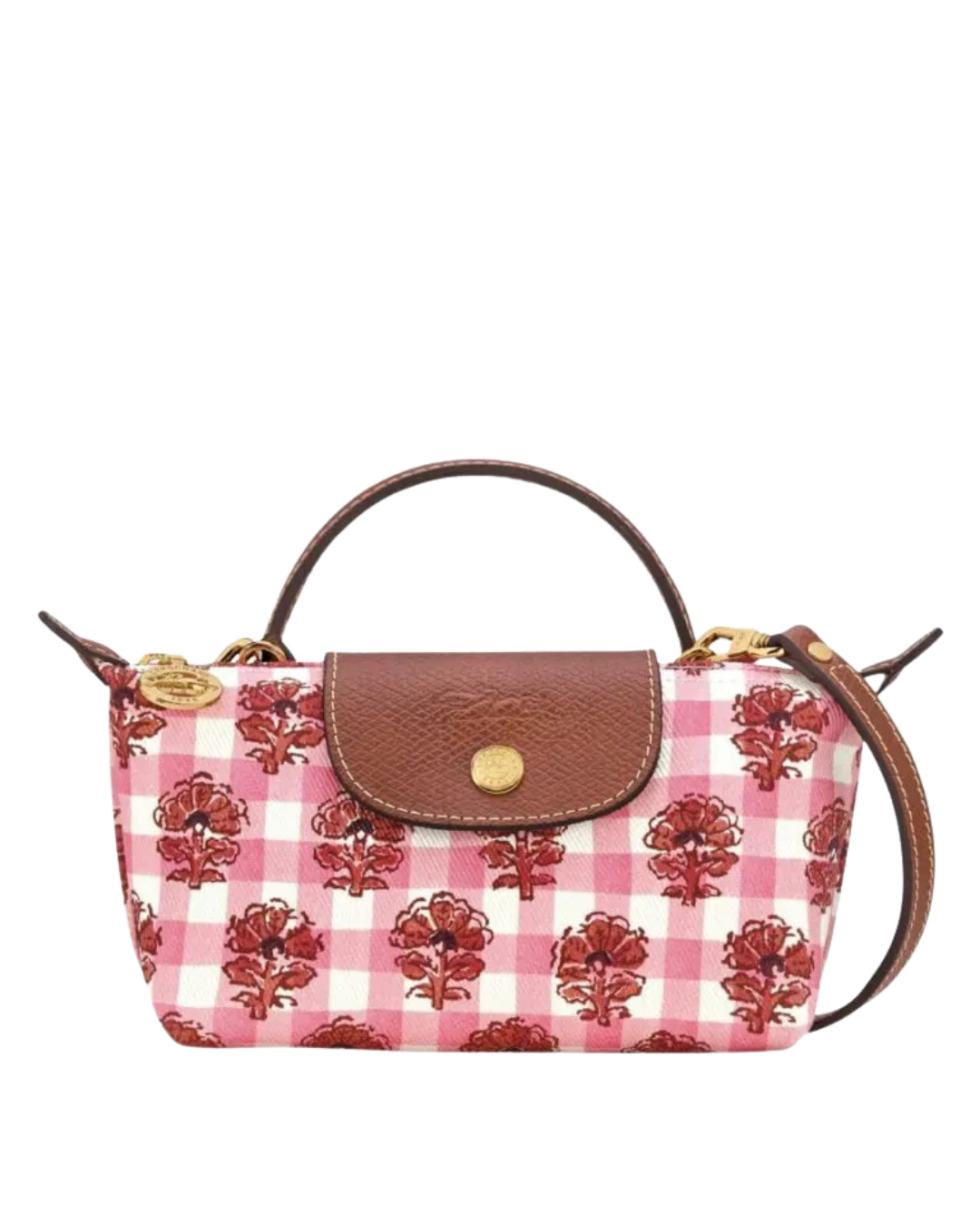 Le Pliage Collection Mini Top Handle Bag with Pink Floral Detail (Crossbody Strap)