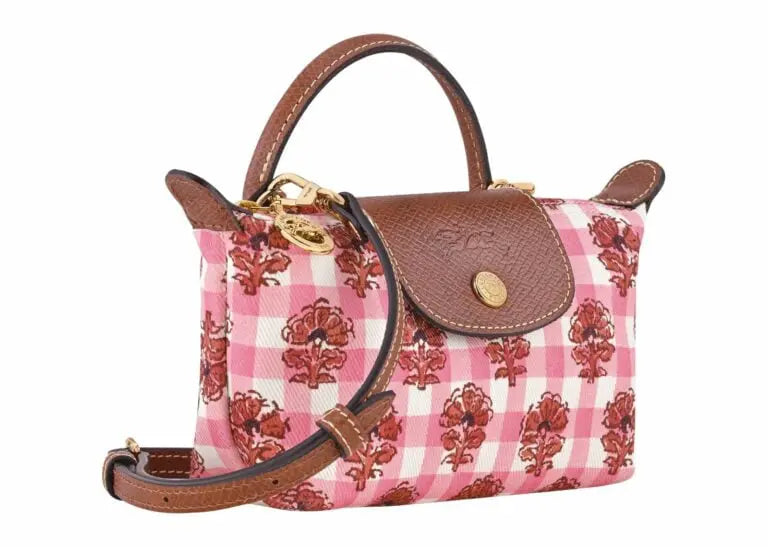 Le Pliage Collection Mini Top Handle Bag with Pink Floral Detail (Crossbody Strap)